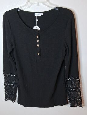 Kancystore Women's Size Small Black Ribbed Henley with Lace Cuffs. Minimalist